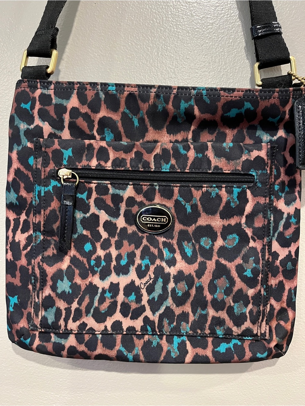 Coach Leopard Print Crossbody Bag in Pink and Teal Accent